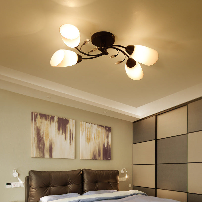 White Glass Shade Semi Flush Mount Lighting Modern Black Swirled Arm Ceiling Light for Living Room