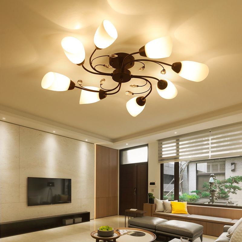 White Glass Shade Semi Flush Mount Lighting Modern Black Swirled Arm Ceiling Light for Living Room