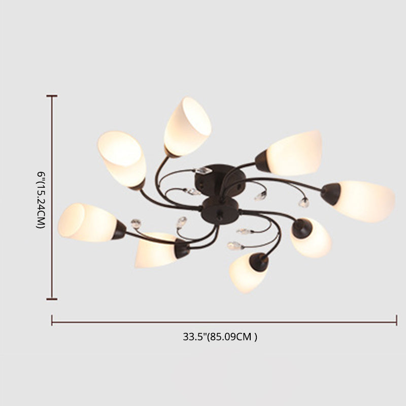 White Glass Shade Semi Flush Mount Lighting Modern Black Swirled Arm Ceiling Light for Living Room