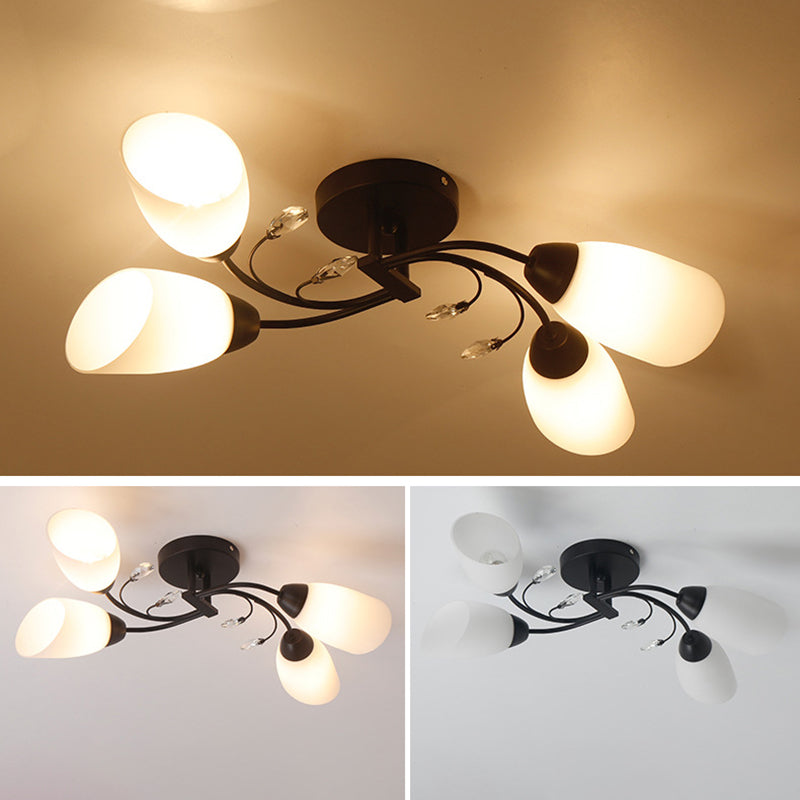 White Glass Shade Semi Flush Mount Lighting Modern Black Swirled Arm Ceiling Light for Living Room