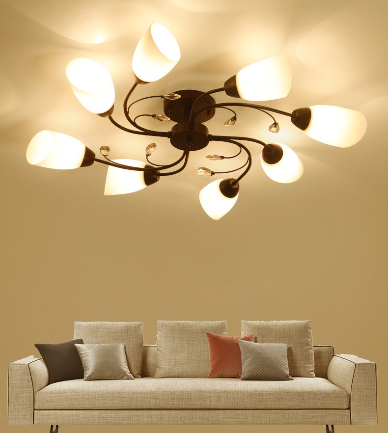 White Glass Shade Semi Flush Mount Lighting Modern Black Swirled Arm Ceiling Light for Living Room