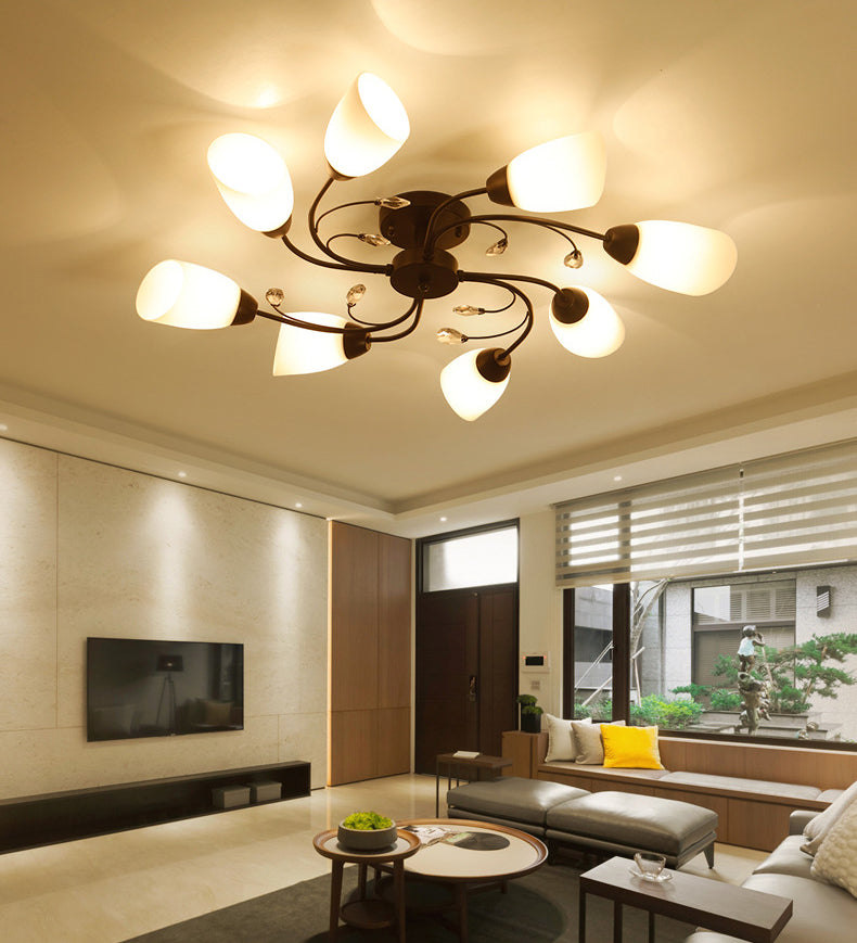 White Glass Shade Semi Flush Mount Lighting Modern Black Swirled Arm Ceiling Light for Living Room