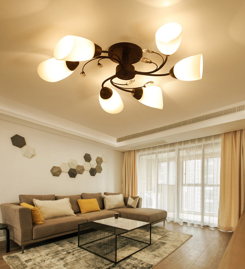 White Glass Shade Semi Flush Mount Lighting Modern Black Swirled Arm Ceiling Light for Living Room