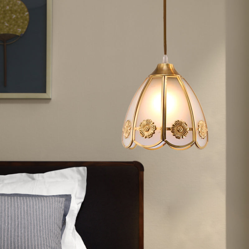 Dome Frosted Glass Hanging Lighting Traditional 1 Light Hallway Ceiling Pendant Lamp in Brass