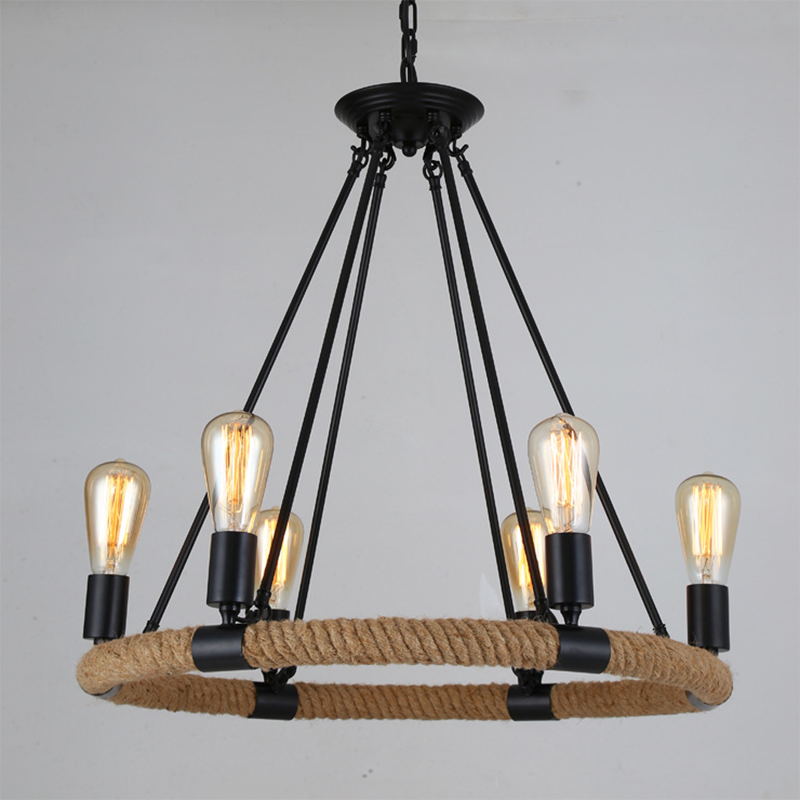 Industrial Art Rope  Hanging Chandelier Light  Circular Black Metal Exposed Bulb Drop Lamp