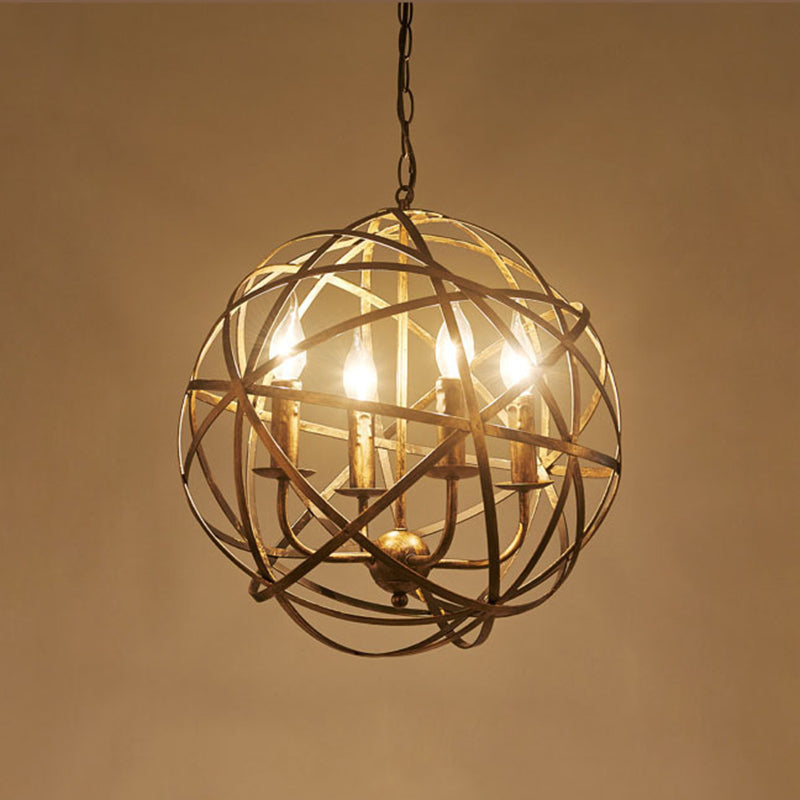 Industrial Orb Single Pendant Light Strap Globe Metal Cage Shade Hanging Lamp for Living Room