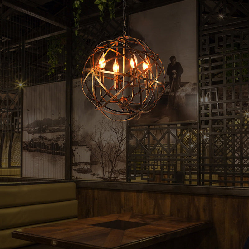 Industrial Orb Single Pendant Light Strap Globe Metal Cage Shade Hanging Lamp for Living Room