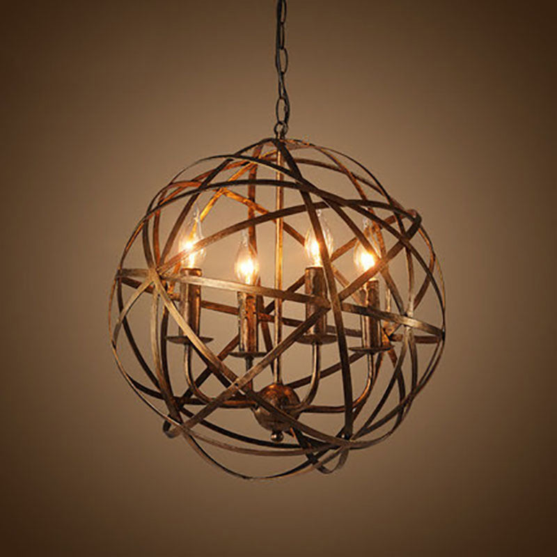 Industrial Orb Single Pendant Light Strap Globe Metal Cage Shade Hanging Lamp for Living Room