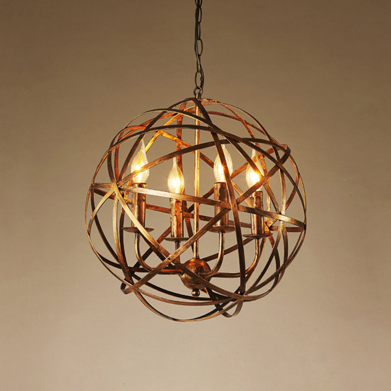 Industrial Orb Single Pendant Light Strap Globe Metal Cage Shade Hanging Lamp for Living Room