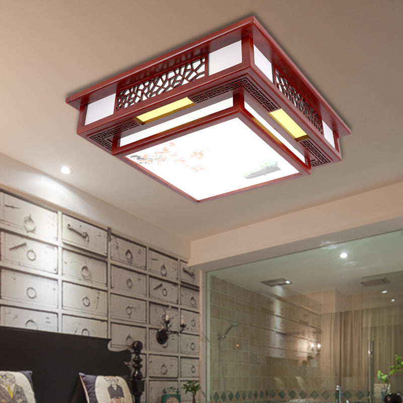 LED Square Flush Light Fixture Traditional Style Dark Red Wood Flush Mount Ceiling Light