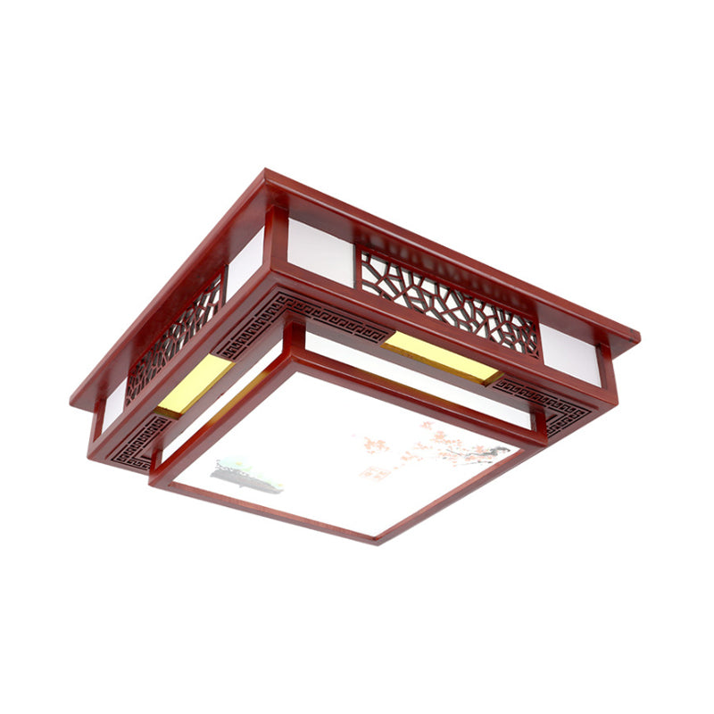 LED Square Flush Light Fixture Traditional Style Dark Red Wood Flush Mount Ceiling Light