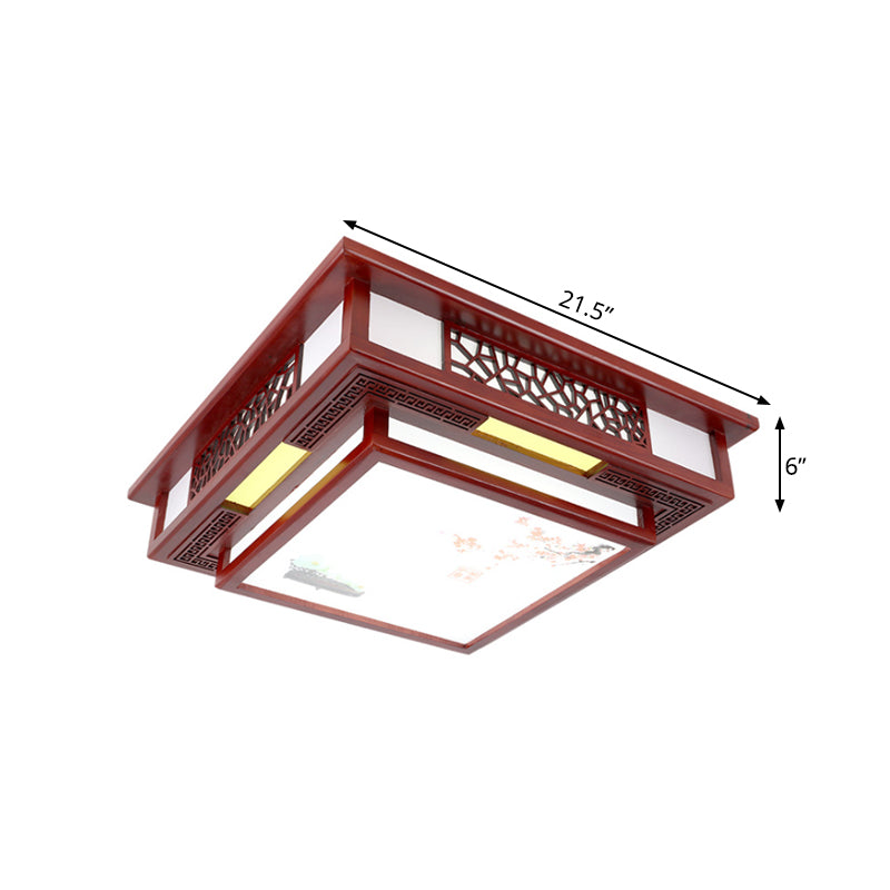 LED Square Flush Light Fixture Traditional Style Dark Red Wood Flush Mount Ceiling Light