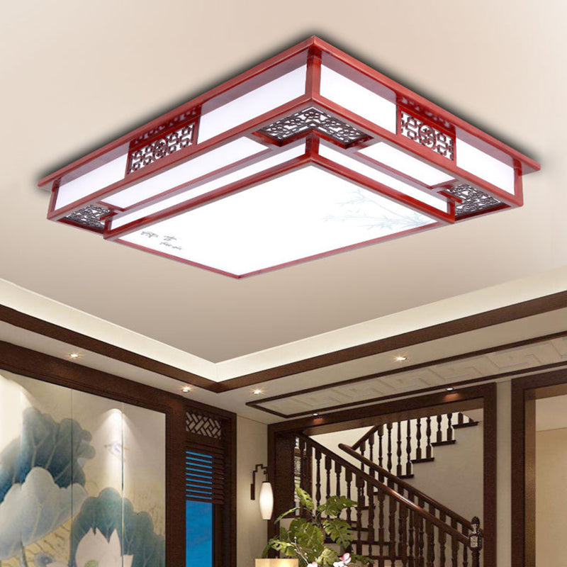 LED Flush Mount Classic Stylish Flower/Bird/Branch Wood Close to Ceiling Lamp in Dark Red for Living Room