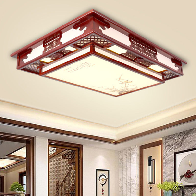 LED Flush Mount Classic Stylish Flower/Bird/Branch Wood Close to Ceiling Lamp in Dark Red for Living Room