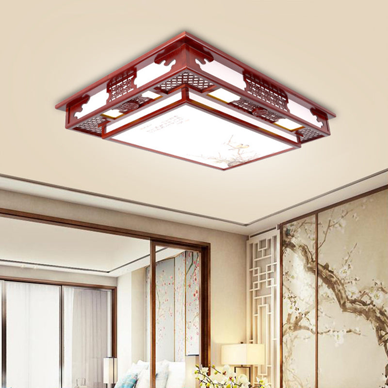 LED Flush Mount Classic Stylish Flower/Bird/Branch Wood Close to Ceiling Lamp in Dark Red for Living Room