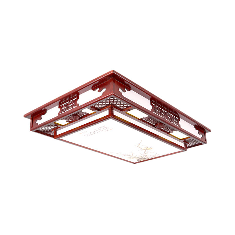 LED Flush Mount Classic Stylish Flower/Bird/Branch Wood Close to Ceiling Lamp in Dark Red for Living Room