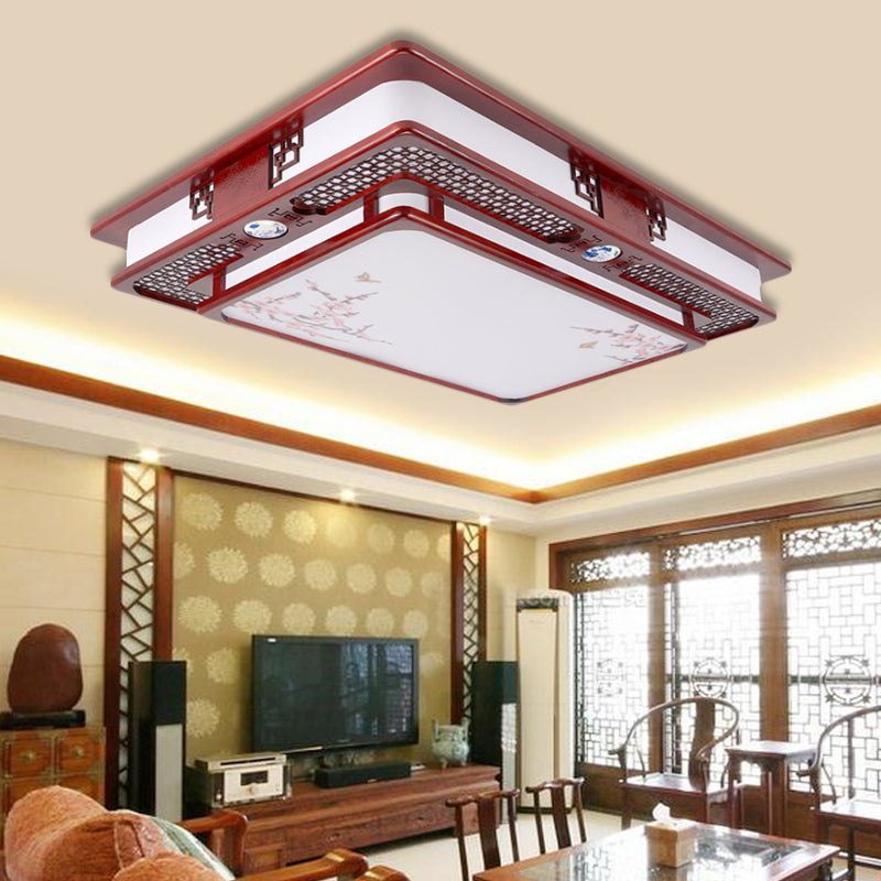 LED Flush Mount Classic Stylish Flower/Bird/Branch Wood Close to Ceiling Lamp in Dark Red for Living Room