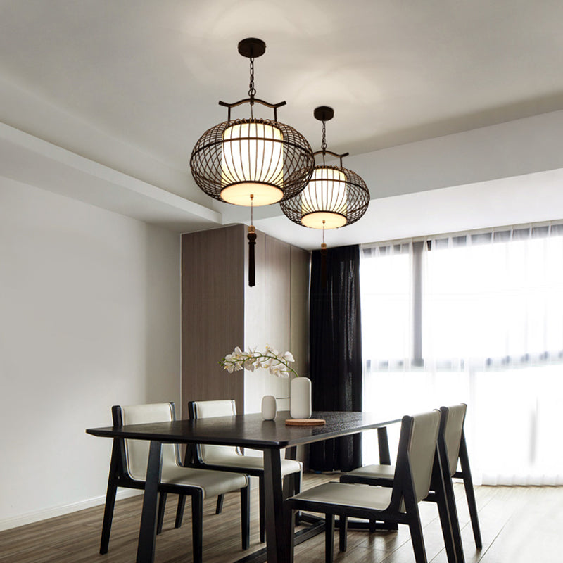 Cylinder Dining Room Pendant Light Traditional Fabric 12"/16"/19.5" Wide 1 Light Black/Gold Hanging Lamp Kit with Cage