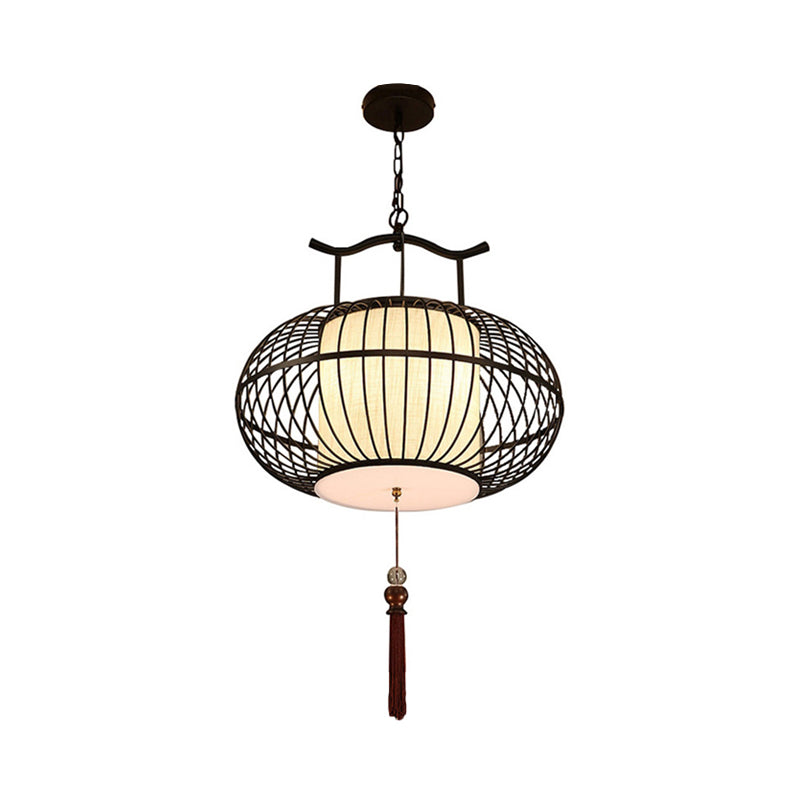 Cilinder eetkamer hanglamp traditionele stof 12 "/16" /19.5 "breed 1 licht zwart/goud opgehangen lampkit met kooi