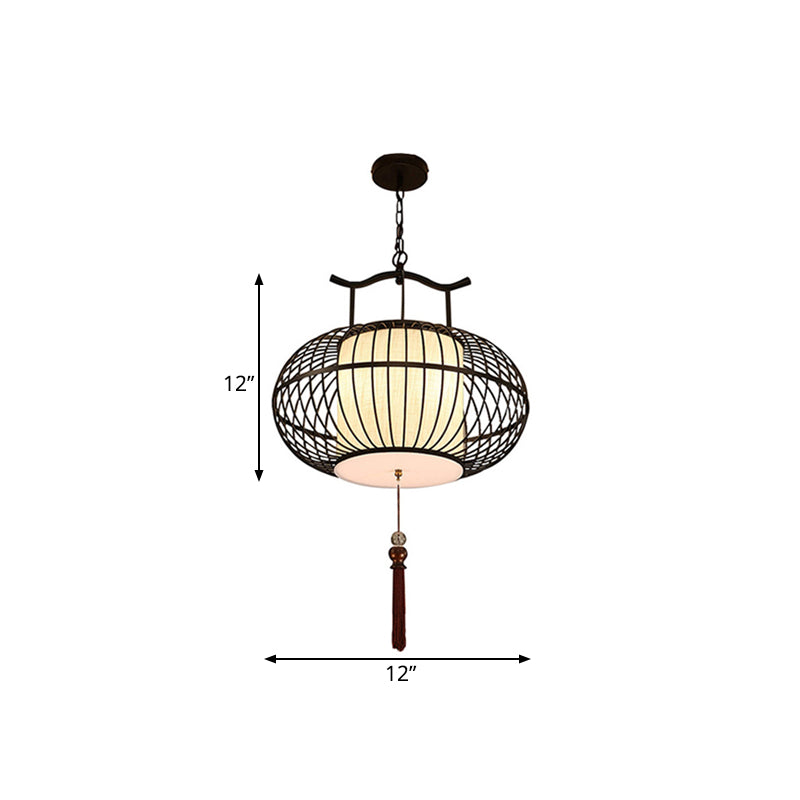 Cylinder Dining Room Pendant Light Traditional Fabric 12"/16"/19.5" Wide 1 Light Black/Gold Hanging Lamp Kit with Cage