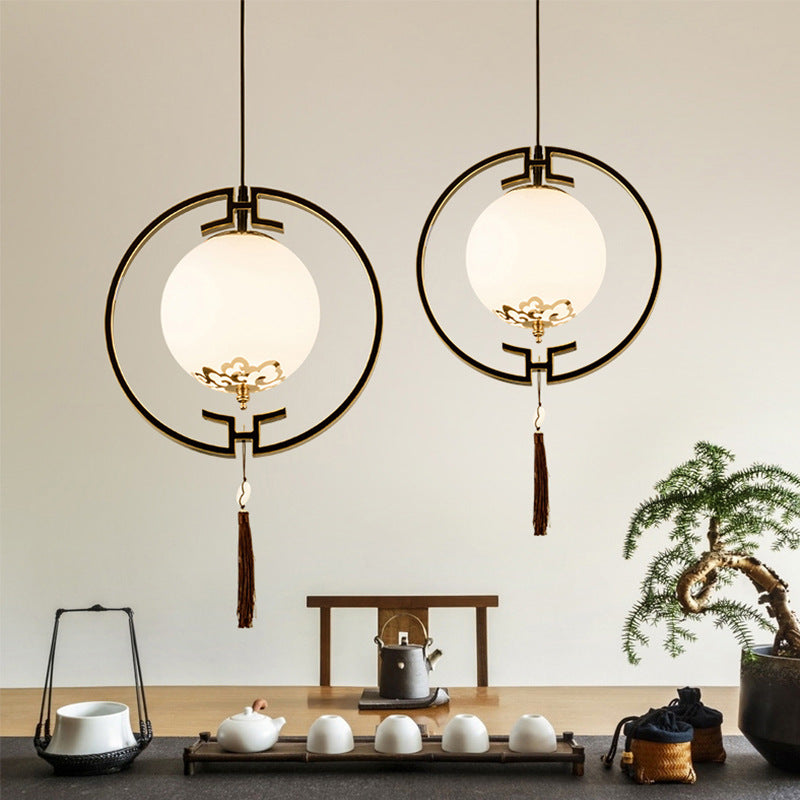 1 Light Pendulum Light Classic Globe Cream Glass Suspension Lamp in Black with Metal Ring