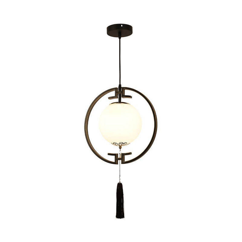 1 Light Pendulum Light Classic Globe Cream Glass Suspension Lamp in Black with Metal Ring