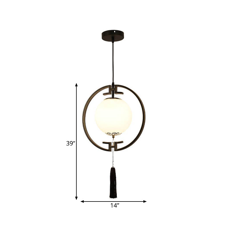 1 Light Pendulum Light Classic Globe Cream Glass Suspension Lamp in Black with Metal Ring