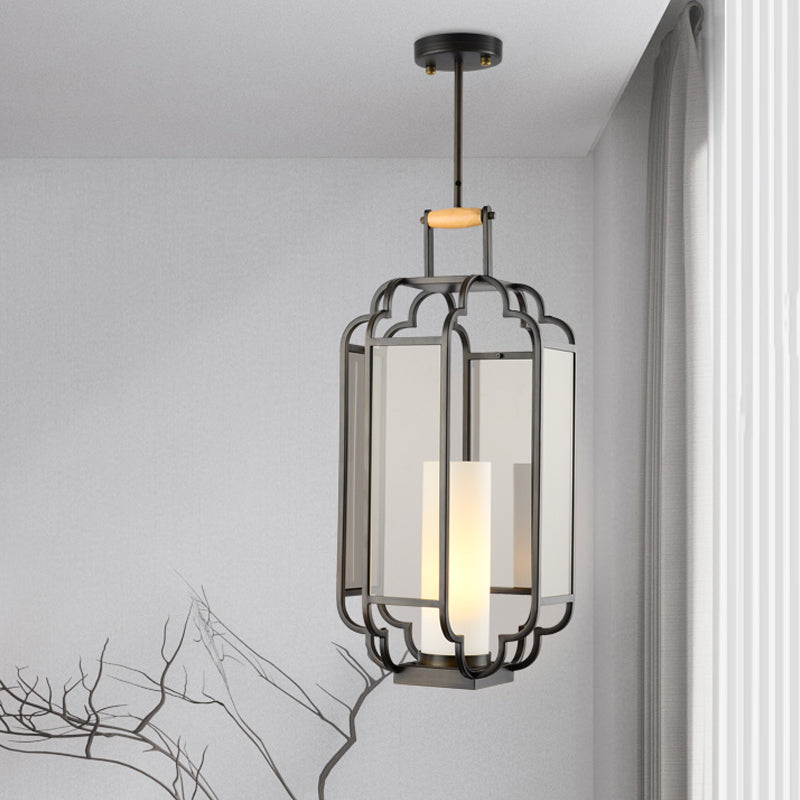 1 Light Tan Glass Hanging Pendant Traditional Black Cylinder Living Room Pendulum Light, 8"/10"/12" Wide