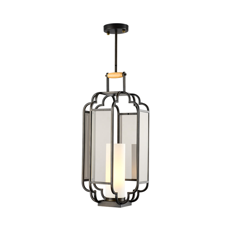 1 Light Tan Glass Hanging Pendant Traditional Black Cylinder Living Room Pendulum Light, 8"/10"/12" Wide