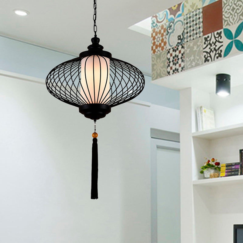 1 Light Lantern Pendulum Light Traditional Style Black Fabric Ceiling Suspension Lamp, 12"/14"/16" Wide