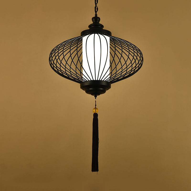 1 Light Lantern Pendulum Light Traditional Style Black Fabric Ceiling Suspension Lamp, 12"/14"/16" Wide