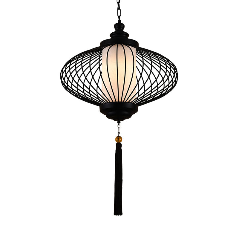 1 Light Light Lantern Pendulum Light tradizionale Sospensione in tessuto nero Black Suspension Lampada, 12 "/14"/16 "di larghezza