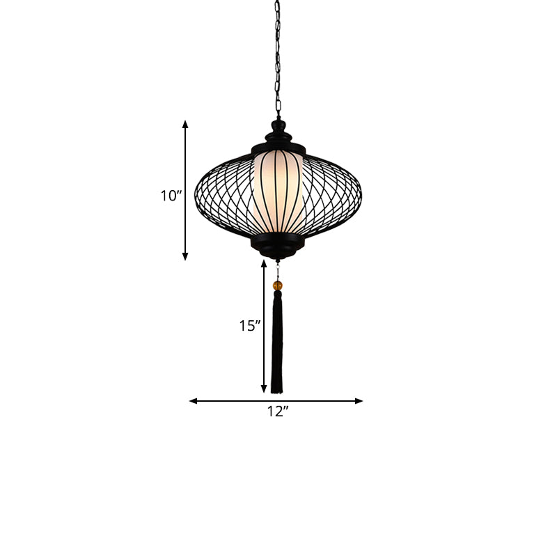 1 Light Lantern Pendulum Light Traditional Style Black Fabric Ceiling Suspension Lamp, 12"/14"/16" Wide