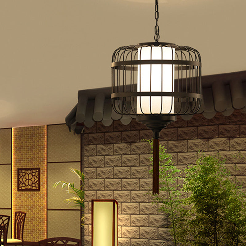 Traditional Cage Pendant Light 1 Light Fabric Suspension Lighting Fixture in Black for Restaurant