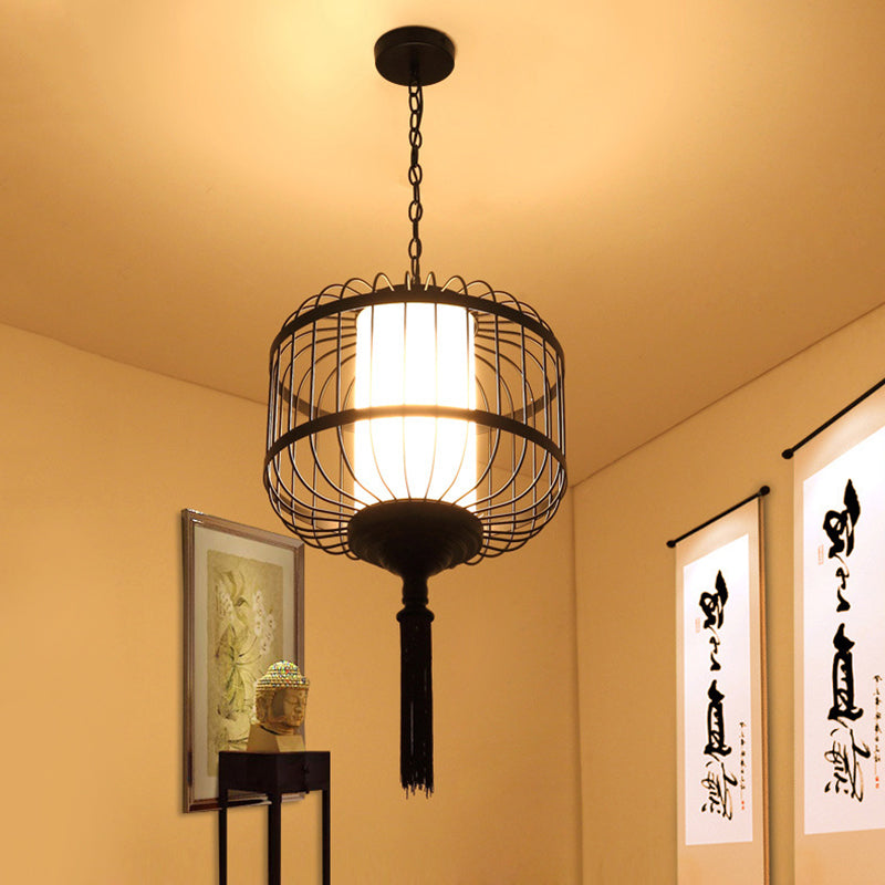 Traditional Cage Pendant Light 1 Light Fabric Suspension Lighting Fixture in Black for Restaurant