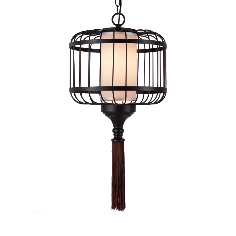 Traditional Cage Pendant Light 1 Light Fabric Suspension Lighting Fixture in Black for Restaurant