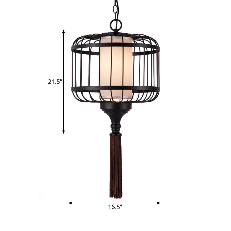 Traditional Cage Pendant Light 1 Light Fabric Suspension Lighting Fixture in Black for Restaurant