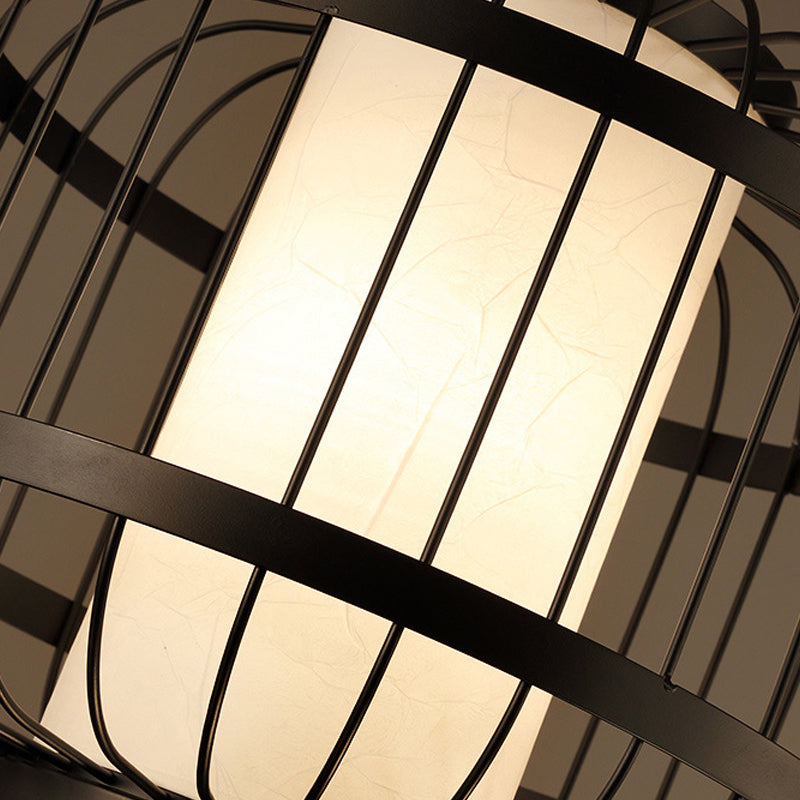 Traditional Cage Pendant Light 1 Light Fabric Suspension Lighting Fixture in Black for Restaurant