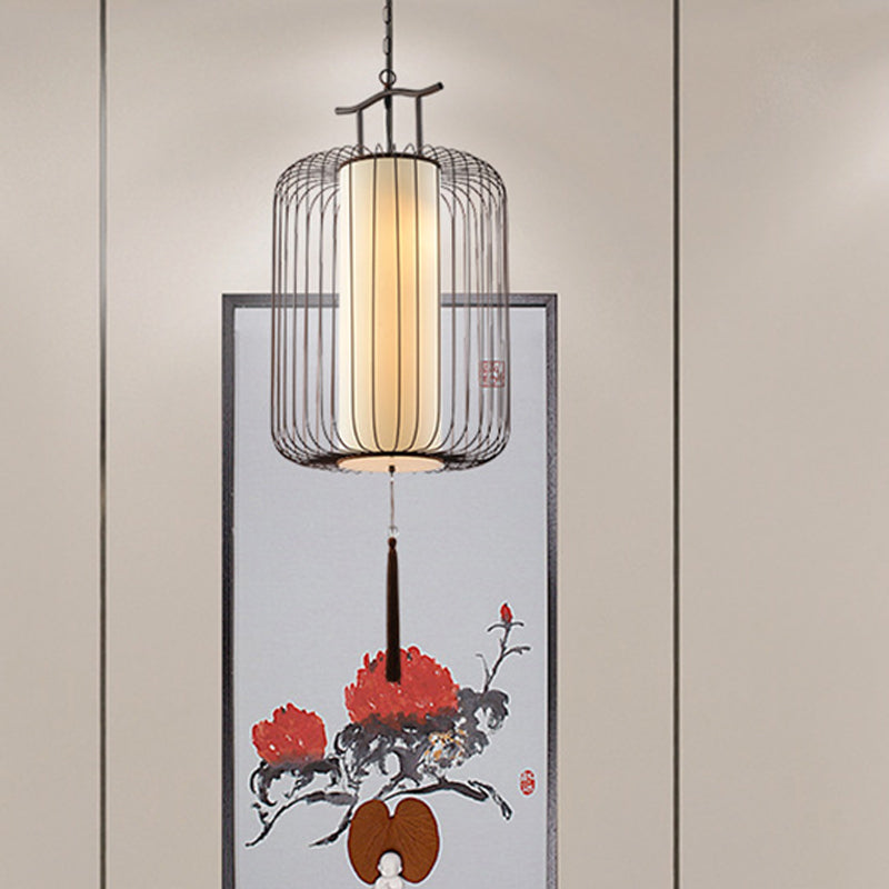 White/Red Lantern Pendant Lighting Fixture Classic Fabric 10"/12"/14" Wide 1 Light Tea Room Suspension Lamp