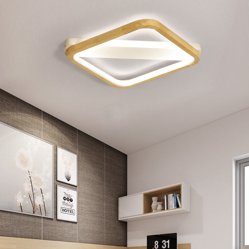 Wood Square Flush Light Fixture Simple Style Beige LED Plafond Lamp voor slaapkamer, 13 "/17" /21 " Wide