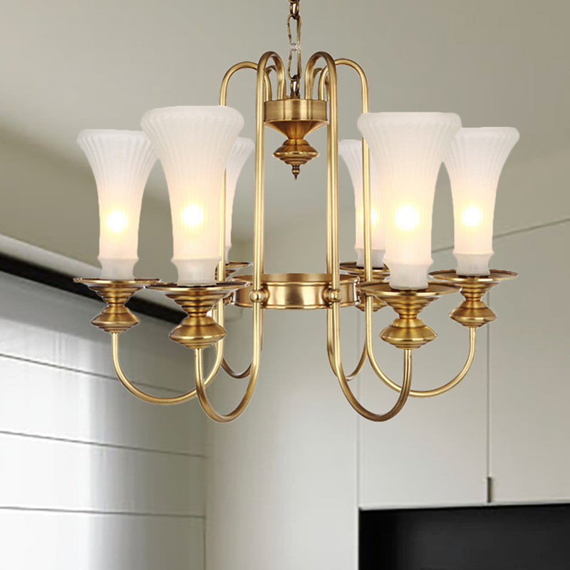 Gold Floral Shaped Chandelier Light Colonial White Glass 3/6/8 Heads Living Room Hanging Lamp Kit