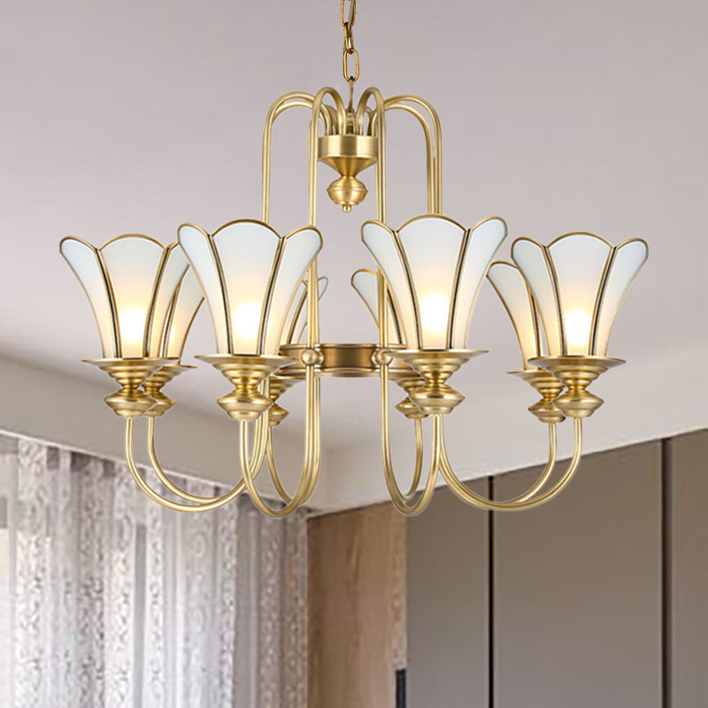 8 Lights Ceiling Chandelier Colonialism Flower White Frosted Glass Pendant Light in Gold with Curved Arm