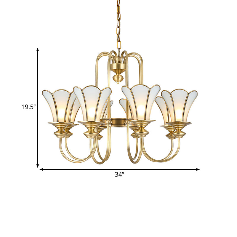 8 Lights Ceiling Chandelier Colonialism Flower White Frosted Glass Pendant Light in Gold with Curved Arm