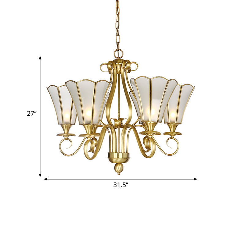 White Frosted Glass Floral Pendant Chandelier Colonialist 6 Lights Bedroom Suspended Lighting Fixture in Brass