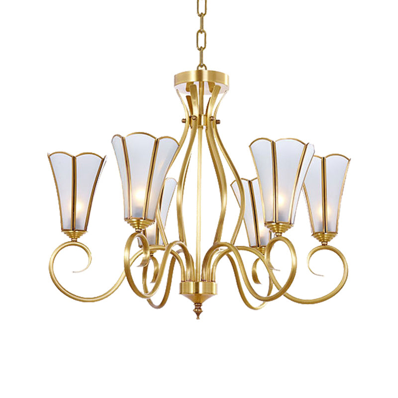 Gold Finish 6 Lights Chandelier Colonial Frosted Glass Flower Shaped Ceiling Pendant Light with Swirled Arm