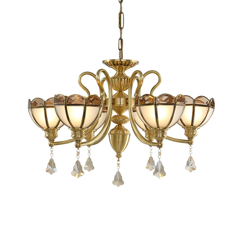 Bowl Frosted Glass Suspension Pendant Colonial 6 Bulbs Living Room Chandelier Lighting in Gold