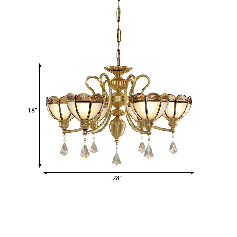 Bowl Frosted Glass Suspension Pendant Colonial 6 Bulbs Living Room Chandelier Lighting in Gold