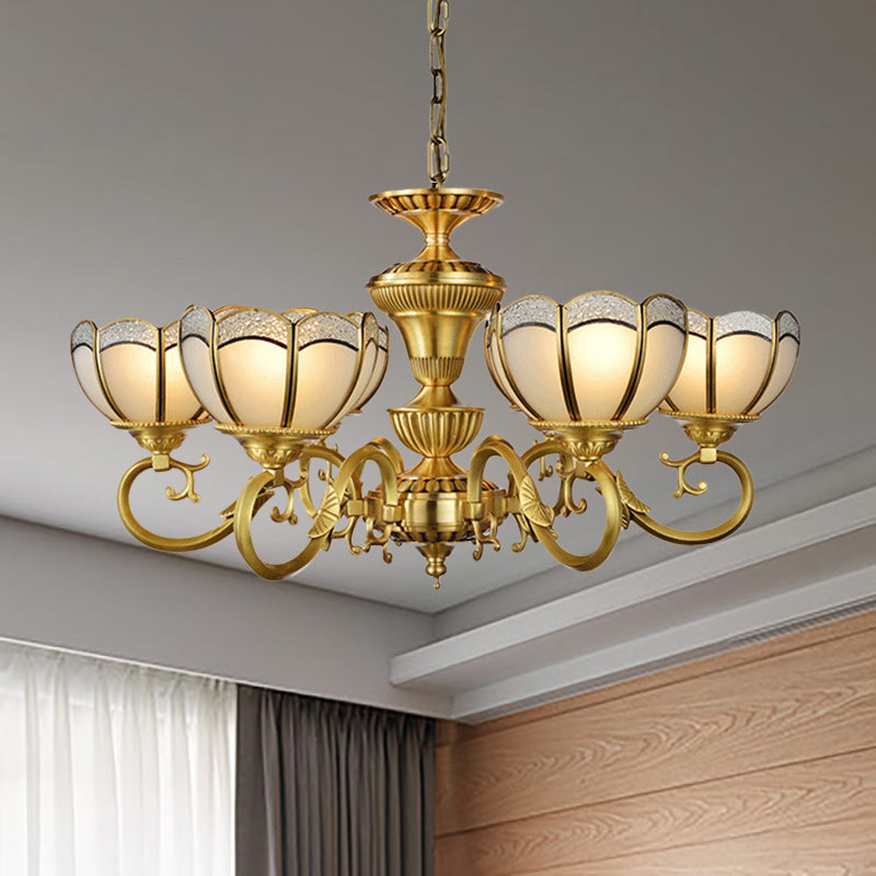 6 lichten kroonluchter hanglamp koloniale slaapkamer plafond suspensie licht in goud met bowl frosted glazen schaduw