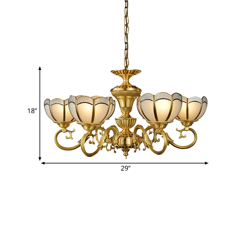 6 Lights Chandelier Pendant Lamp Colonial Bedroom Ceiling Suspension Light in Gold with Bowl Frosted Glass Shade