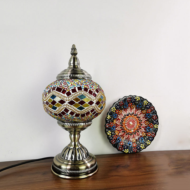 Stained Glass Globe Shade Desk Lamp Moroccan 1 Light Bedroom Table Light in Bronze